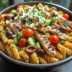 Step into the world of vibrant flavors and wholesome ingredients with our Mediterranean Bliss Grilled Chicken Greek Pasta Salad. This dish is a celebration of the Mediterranean culinary tradition, known for its emphasis on fresh produce, healthy fats, and lean proteins. The combination of al dente pasta, tender grilled chicken, and a medley of fresh vegetables creates a colorful and nutritious meal that is as pleasing to the eye as it is to the palate. Whether you’re planning a summer picnic, a potluck, or a comforting family dinner, this salad promises to impress with its robust flavors and delightful textures.