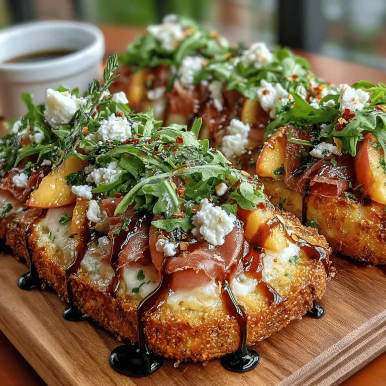 The Zesty Peach & Prosciutto Flatbread is a delightful culinary creation that perfectly balances sweet, savory, and zesty flavors. This dish stands out with its vibrant colors and fresh ingredients, making it not only a treat for the taste buds but also a feast for the eyes. The combination of juicy peaches, rich prosciutto, creamy goat cheese, and a drizzle of balsamic glaze creates a symphony of flavors that is both refreshing and indulgent.