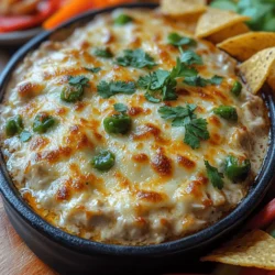 To create a flavorful and hearty Hatch Green Chili Chicken Dip Delight, it’s essential to incorporate the shredded chicken and Hatch green chiles evenly. Start by taking your cooked and shredded chicken—this can be rotisserie chicken or chicken breast boiled and shredded. In a large mixing bowl, add the shredded chicken along with a can of diced Hatch green chiles, which brings a wonderful flavor and mild heat to the dip.